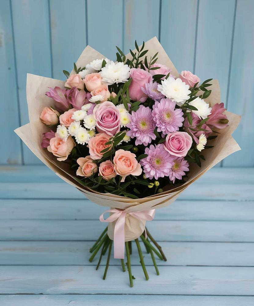 Букет цветов из: Хризантемы, Розы и Альстромерии в Харпе