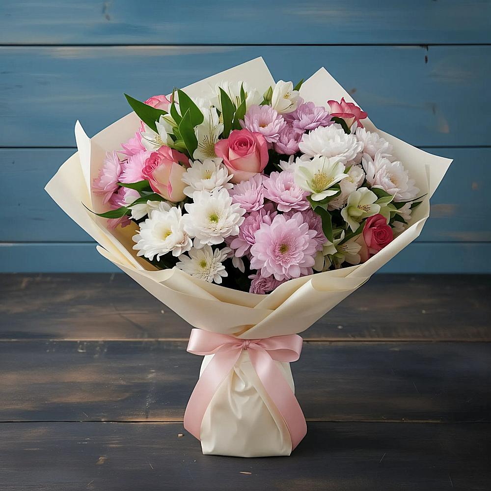 Букет цветов из: Хризантемы, Альстромерии и Розы в Харпе